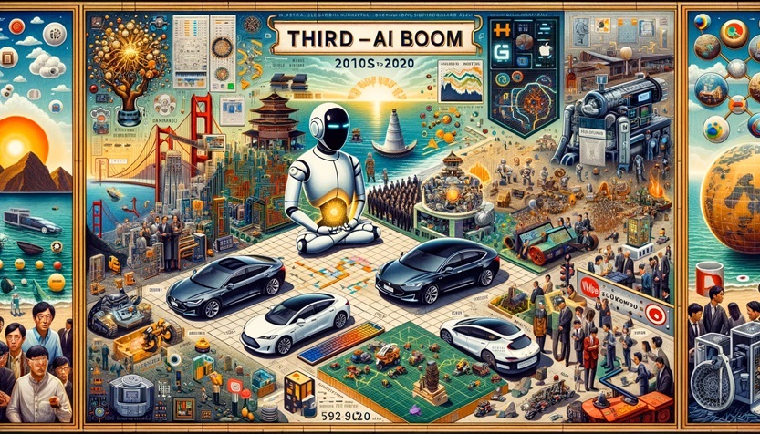 下記の画像描いて 内容：AIブーム歴史:第3次AIブーム　ディープラーニングの台頭　AlphaGoの勝利　自動運転車の発展 タイトル：第3次AIブーム（2010年代から2020年） サイズ：1792x1024ピクセル　すべての画像を広がって そのた：加上科技感，加上字 【第3次AIブーム（2010年代から2020年）】